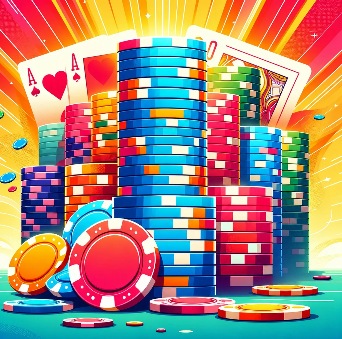 Stora staplar av färgglada pokermarker framför spelkort med hjärter ess