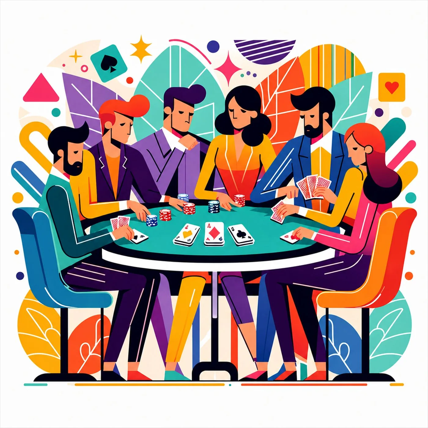 Färgstark illustration av en grupp människor som spelar poker runt ett bord