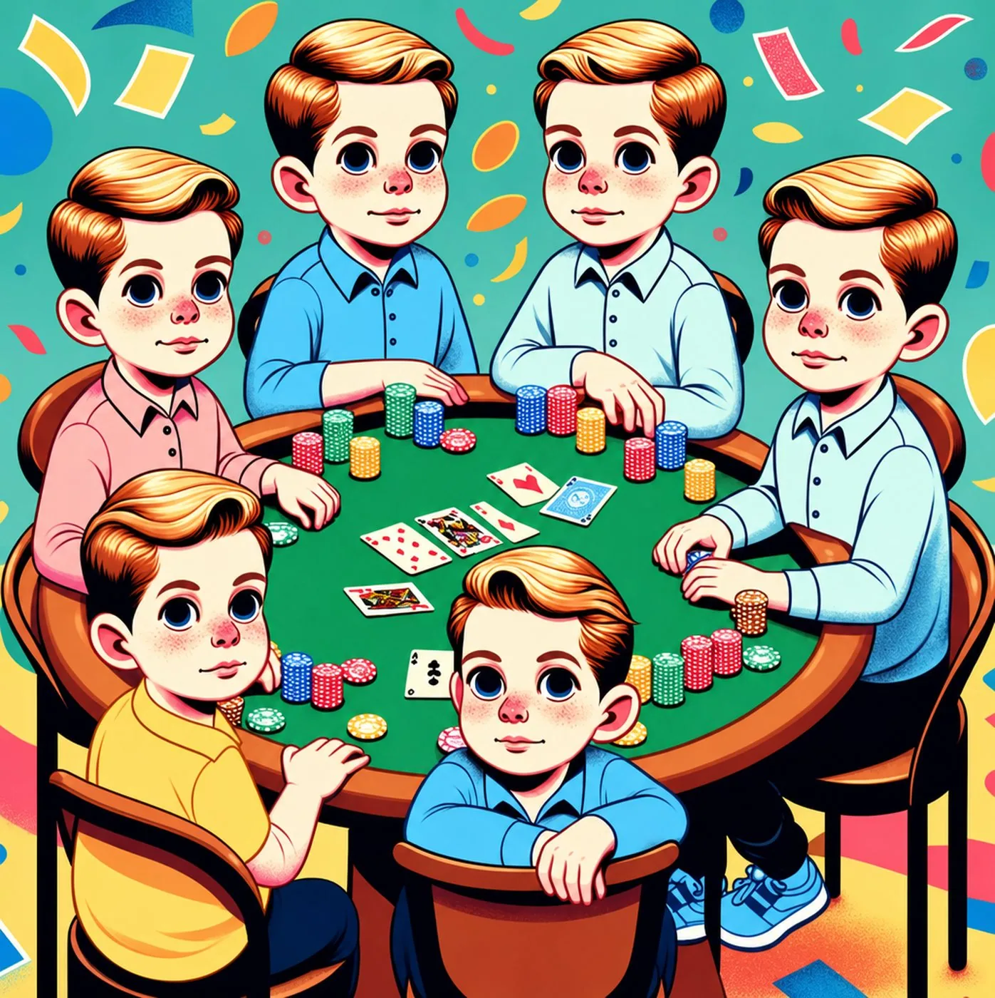 Fem likadana pojkar sitter runt ett pokerbord med spelkort och marker