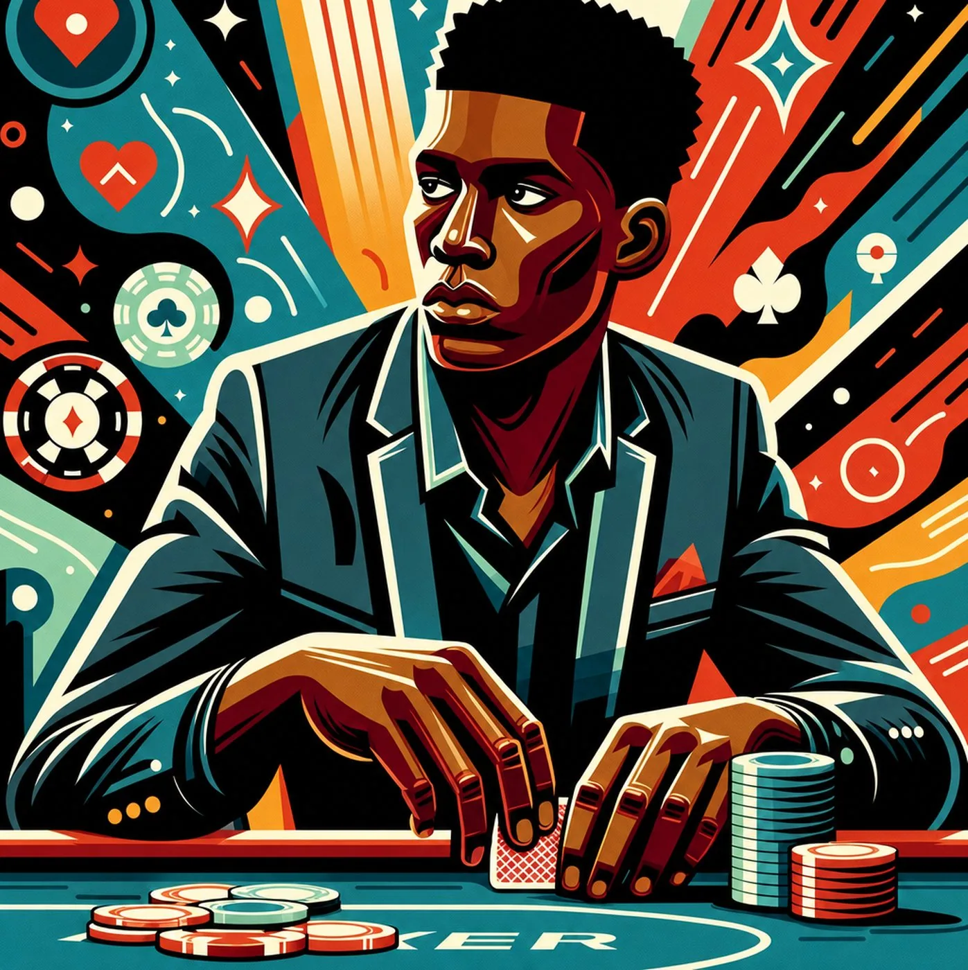 Stiliserad illustration av en pokerspelare i kavaj vid ett bord med marker