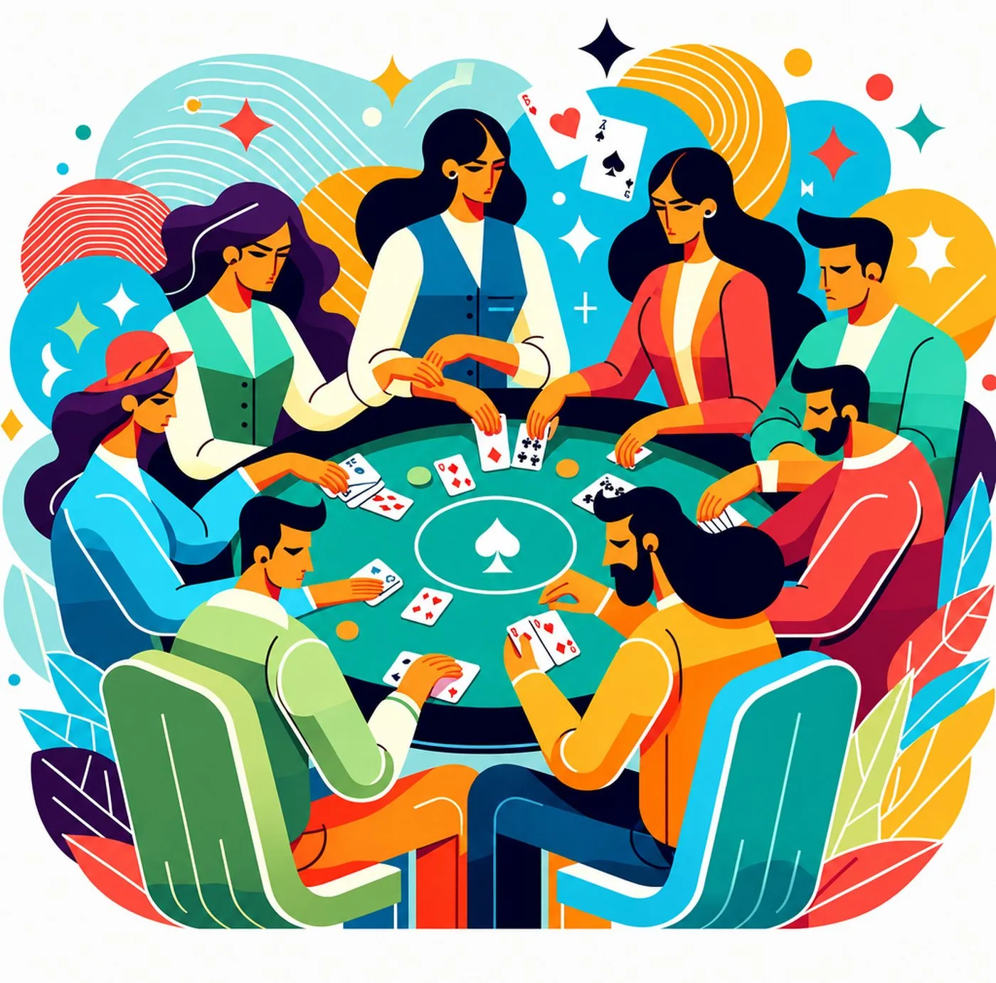 Färgstark illustration av sju personer som sitter runt ett pokerbord och spelar kort