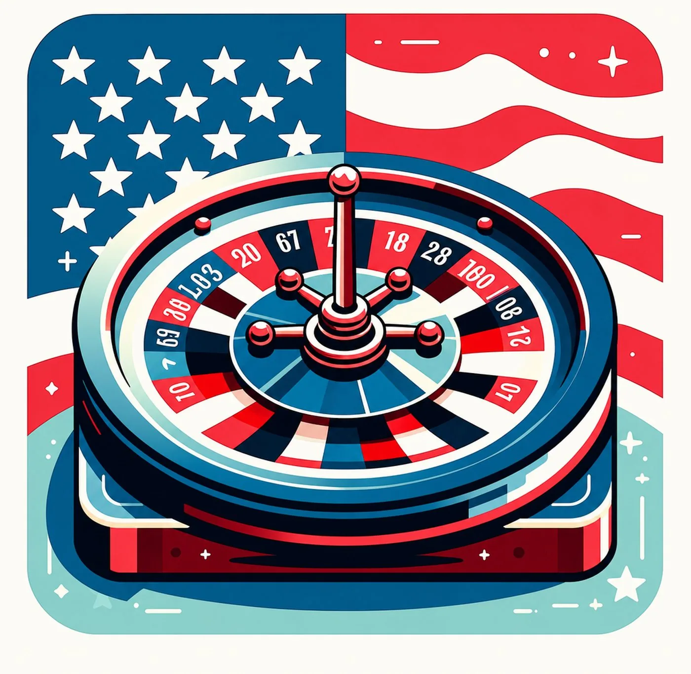 Illustration av ett roulettehjul i rött, vitt och blått framför USA:s flagga