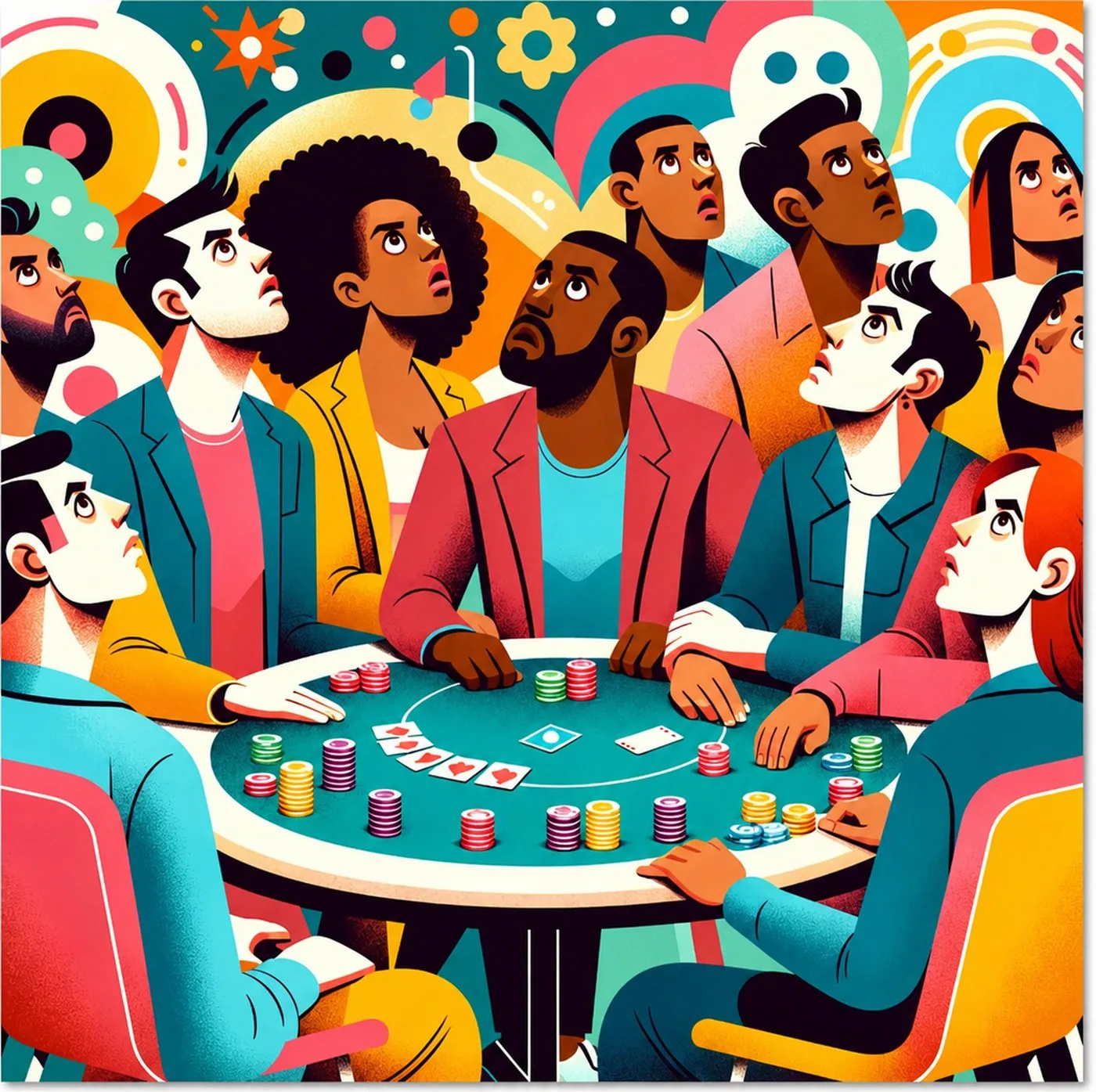 En grupp människor sitter vid ett pokerbord och tittar uppåt med förvånade uttryck