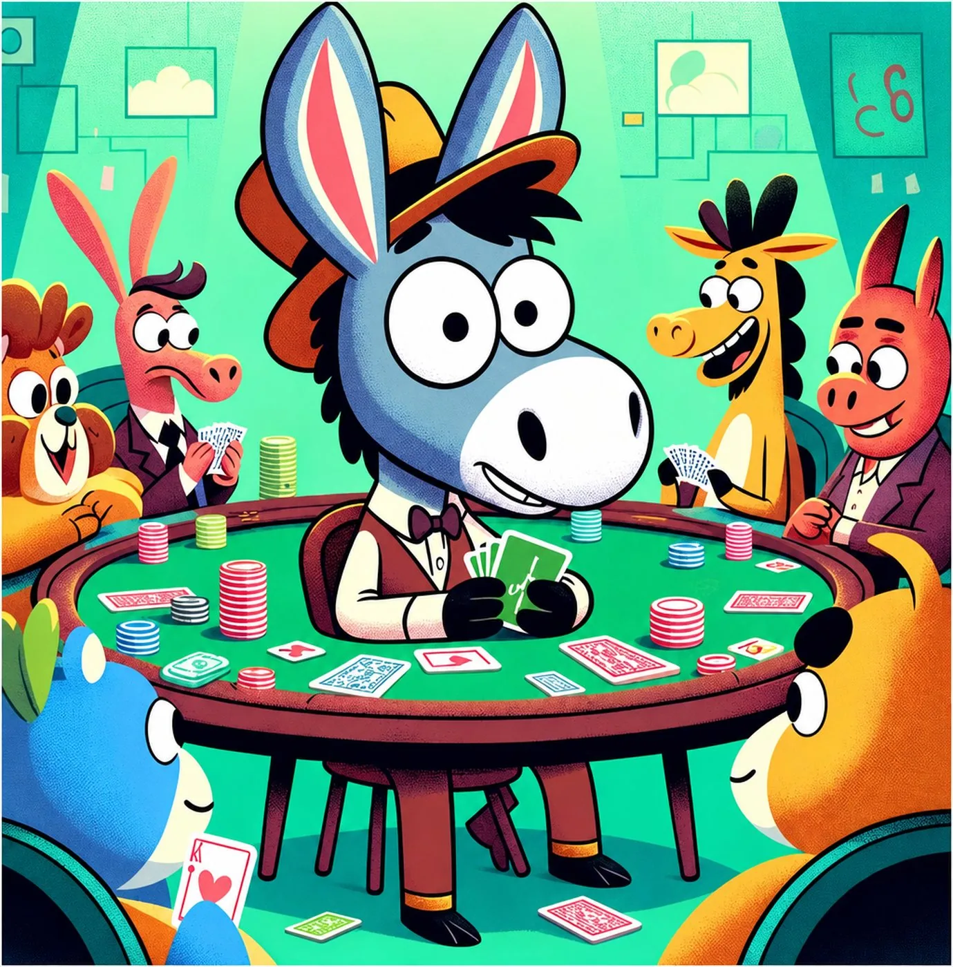Tecknad illustration av flera åsnor som sitter vid ett bord och spelar poker