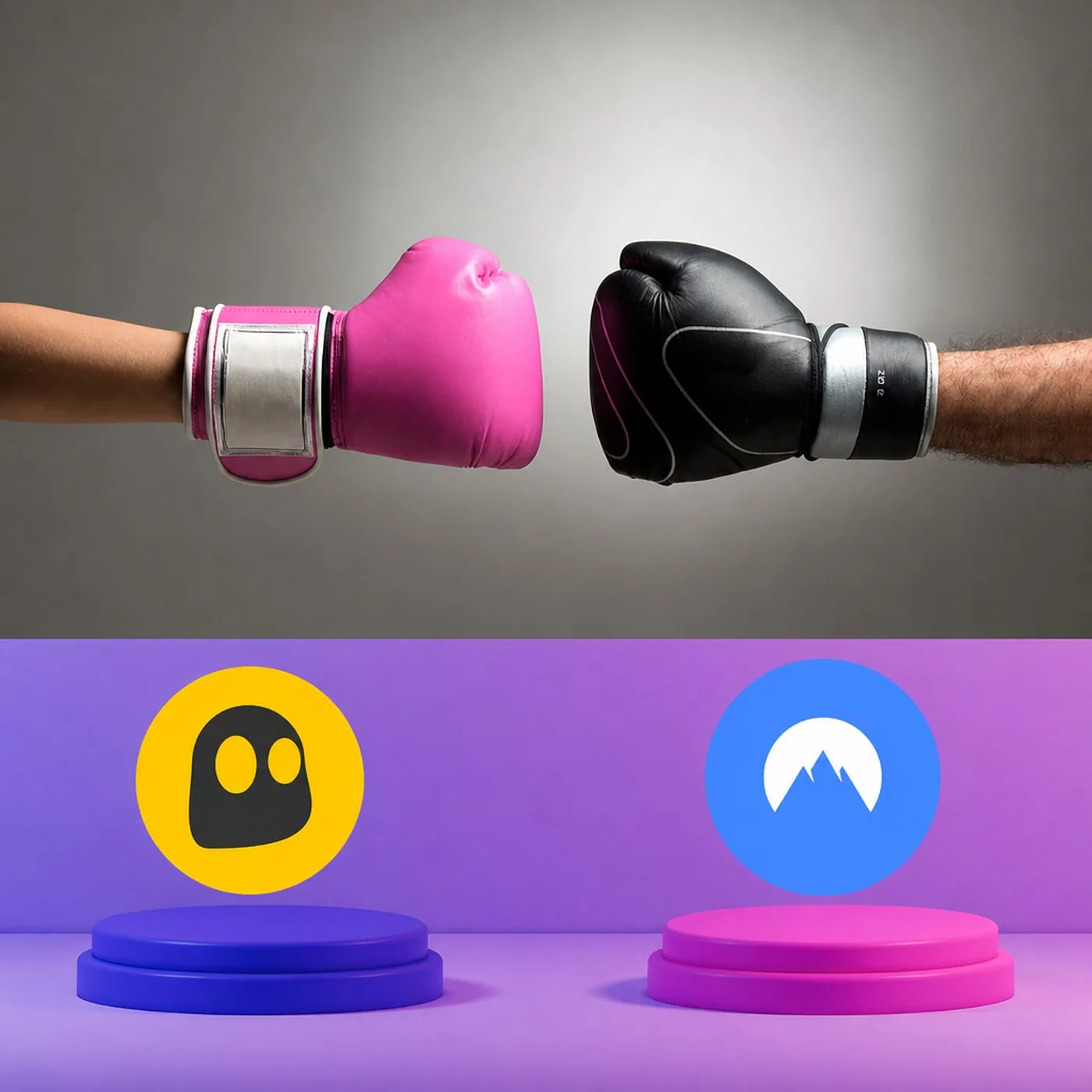 Boxningshandskar i rosa och svart ovanför logotyper för VPN-tjänster på små podier