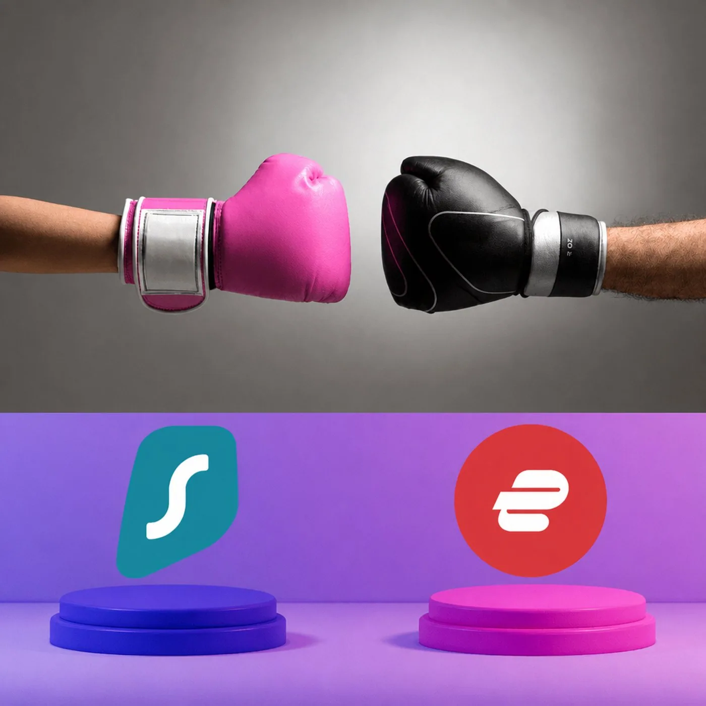 Boxhandskar i rosa och svart ovanför logotyper för Surfshark och ExpressVPN