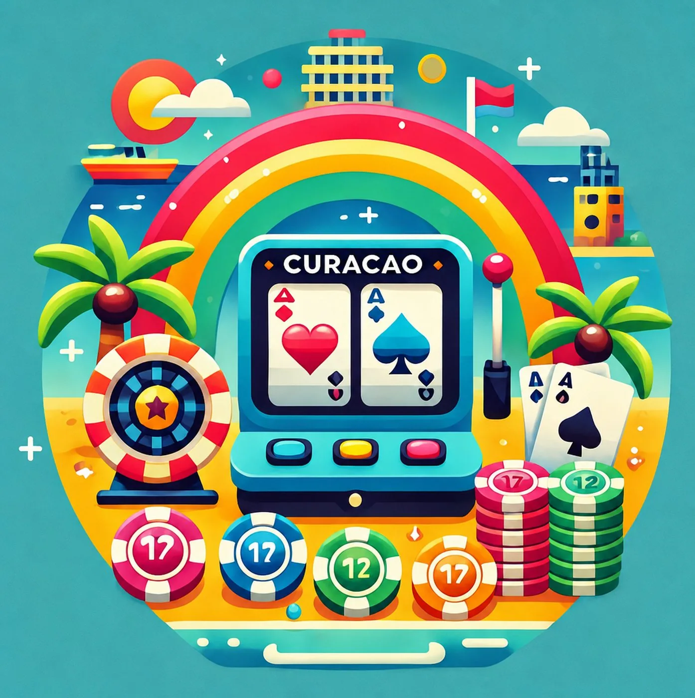 Illustration av casinospel och spelmarker på en tropisk strand med regnbåge