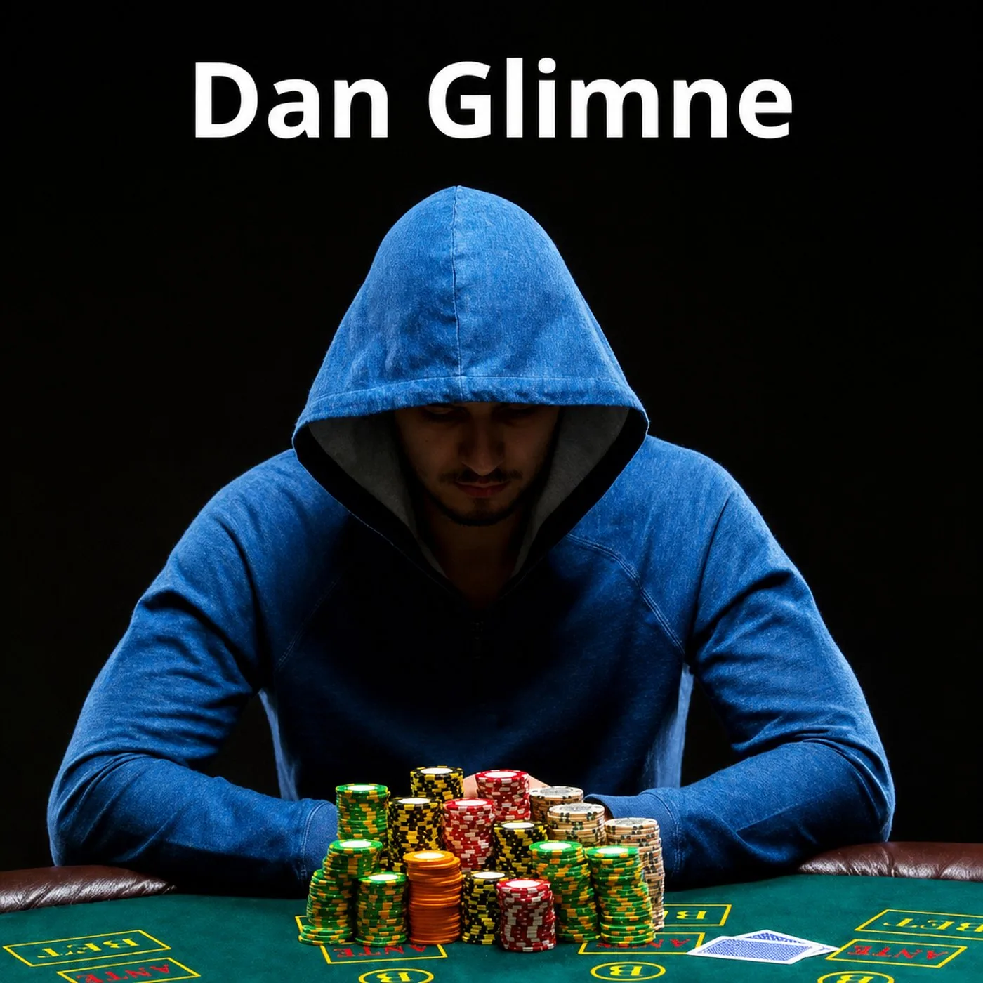 Pokerspelare i blå huvtröja sitter vid ett bord med stora högar av spelmarker
