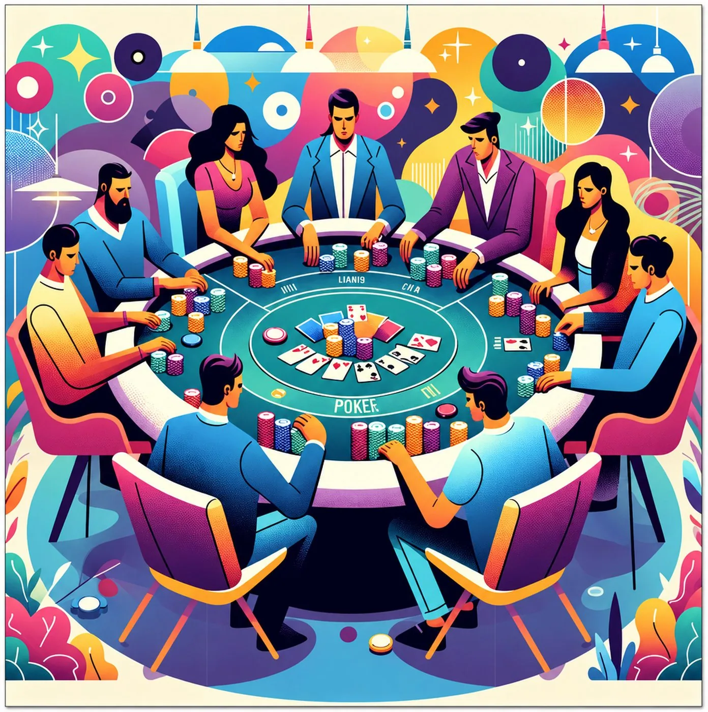Färgstark illustration av en grupp människor som spelar poker vid ett runt bord