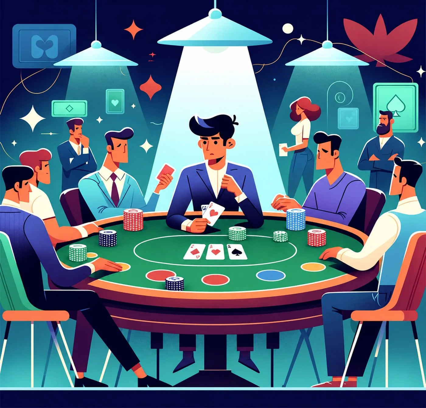 En grupp personer som spelar poker vid ett runt spelbord med kort och marker