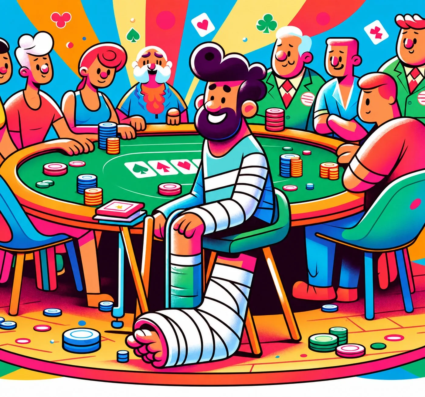 Färgstark illustration av en skadad person med gips vid ett pokerbord