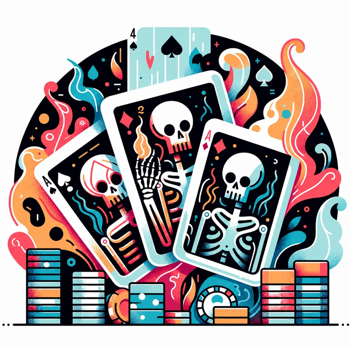 Färgglad illustration av pokerkort med skelettmotiv och staplar av spelmarker