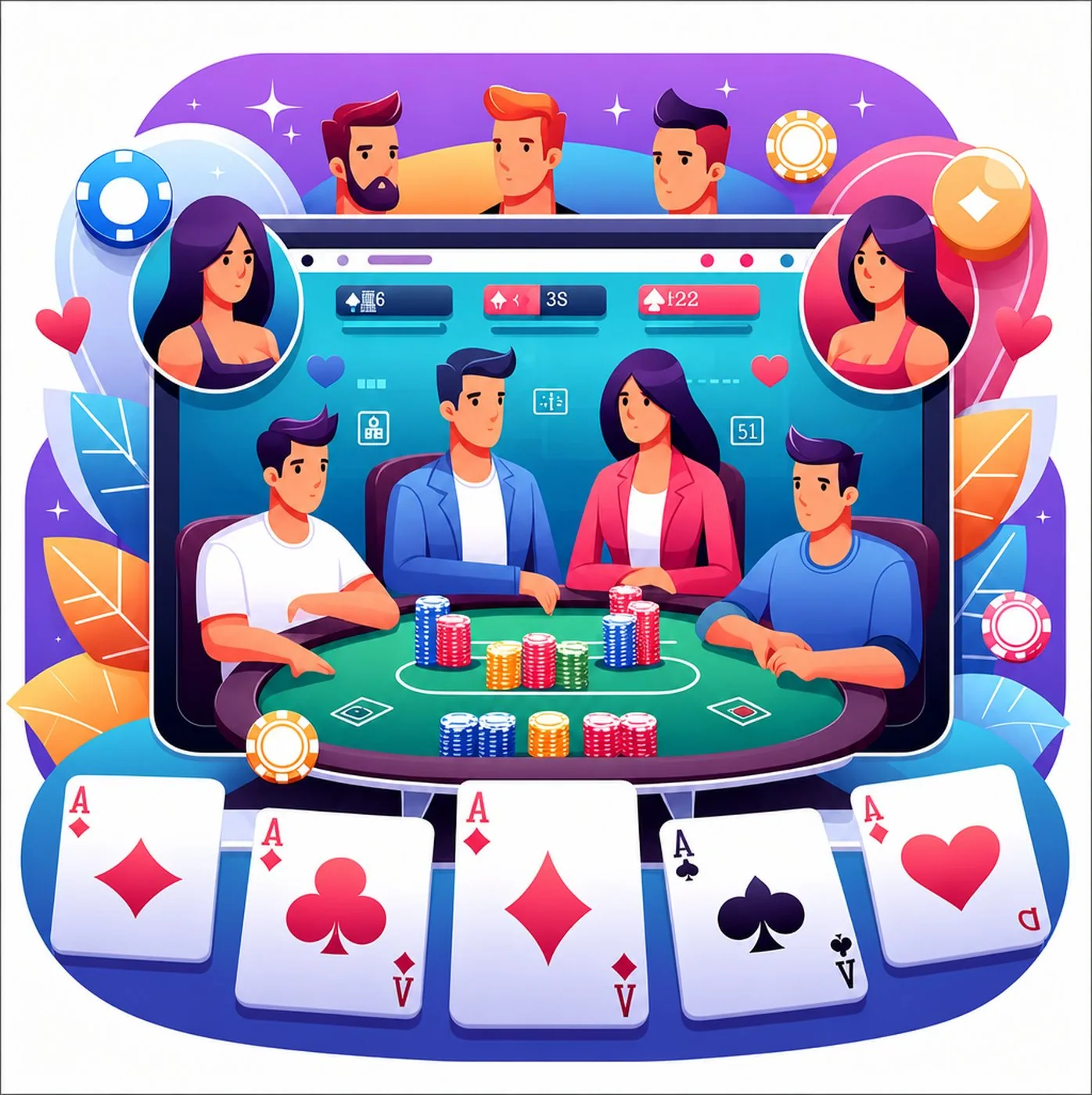 Illustration av människor som spelar onlinepoker vid ett virtuellt bord