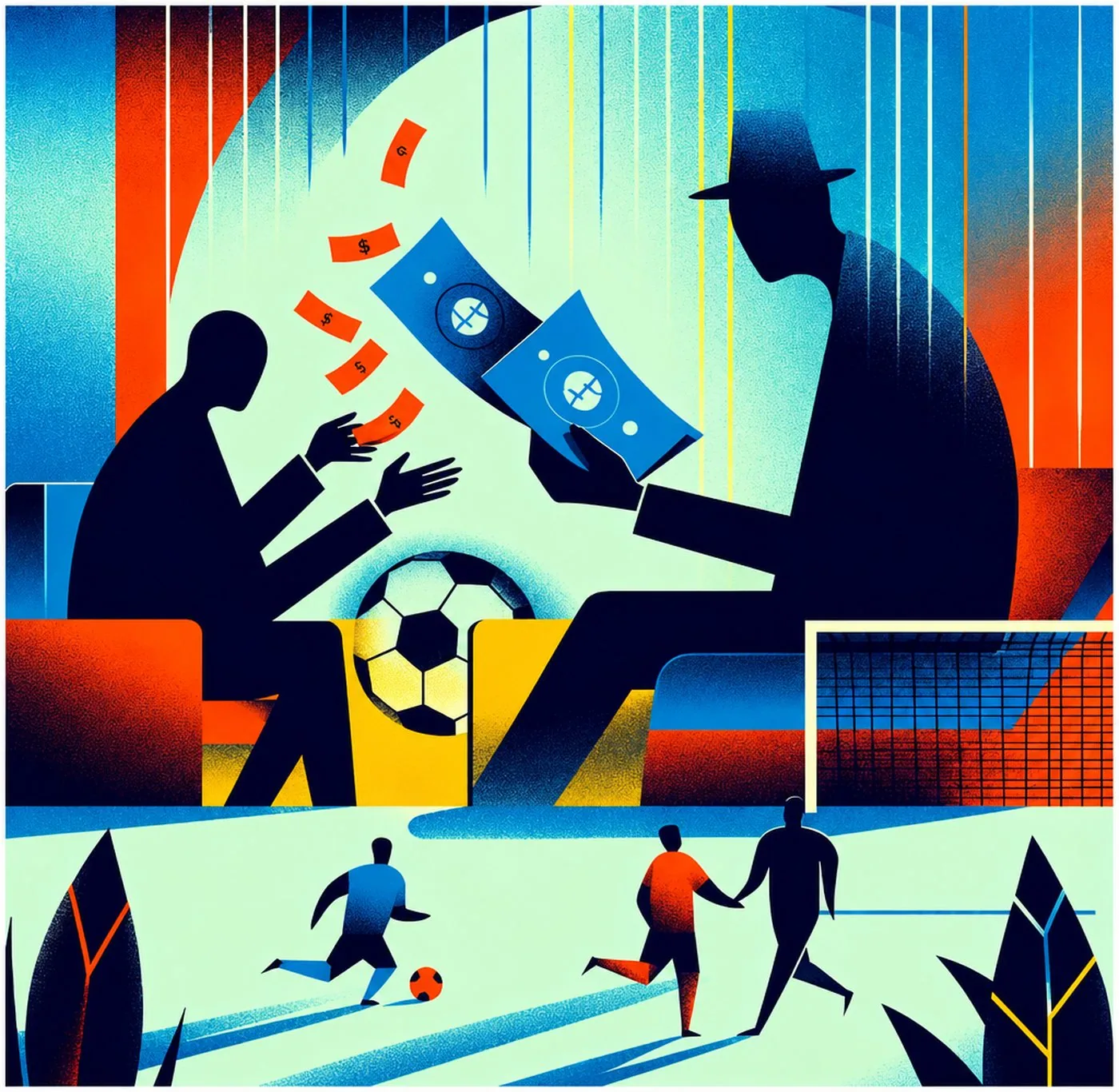 Illustration av två figurer som byter pengar med en fotboll i bakgrunden
