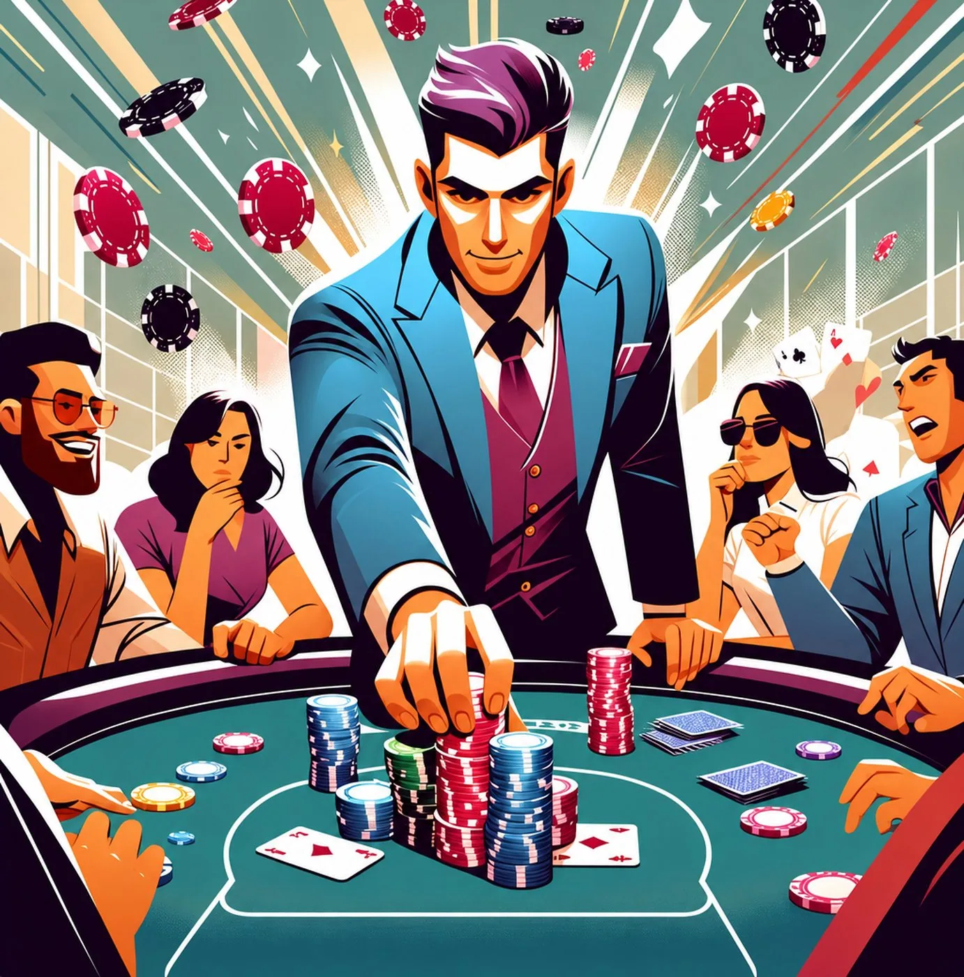 En man i kostym placerar marker vid ett pokerbord omgiven av andra spelare