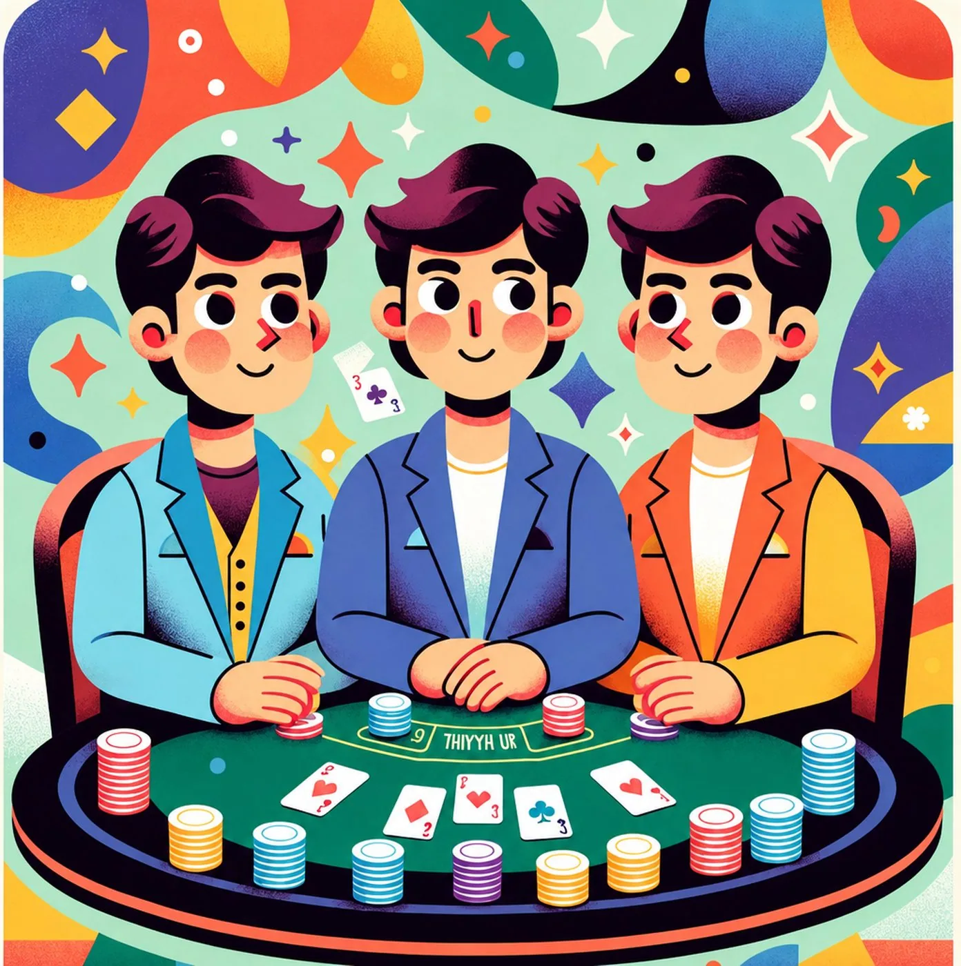 Illustration av tre identiska män som spelar poker vid ett spelbord