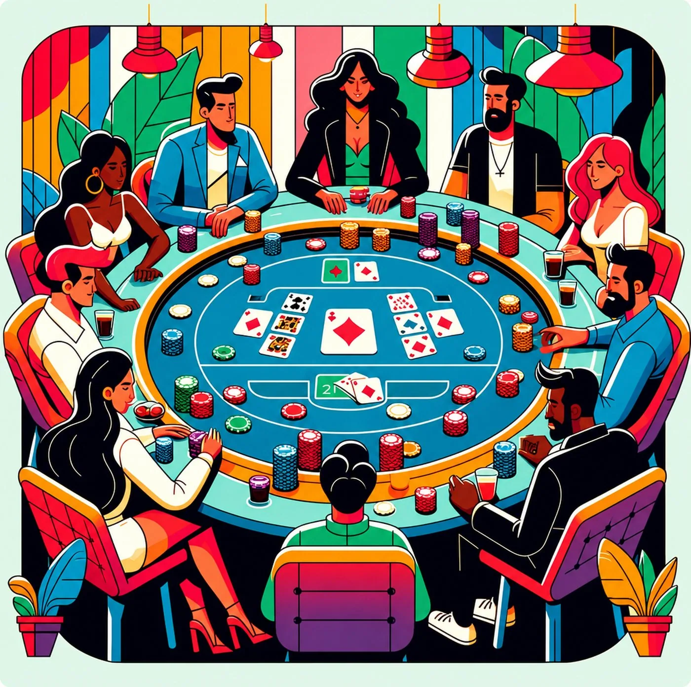 Illustration av människor som spelar poker vid ett runt spelbord med kort och marker