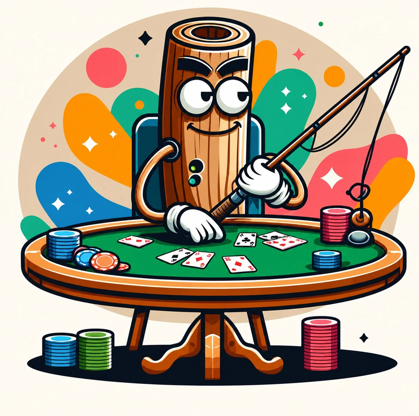 Tecknad figur föreställande en trädstam som spelar poker vid ett spelbord
