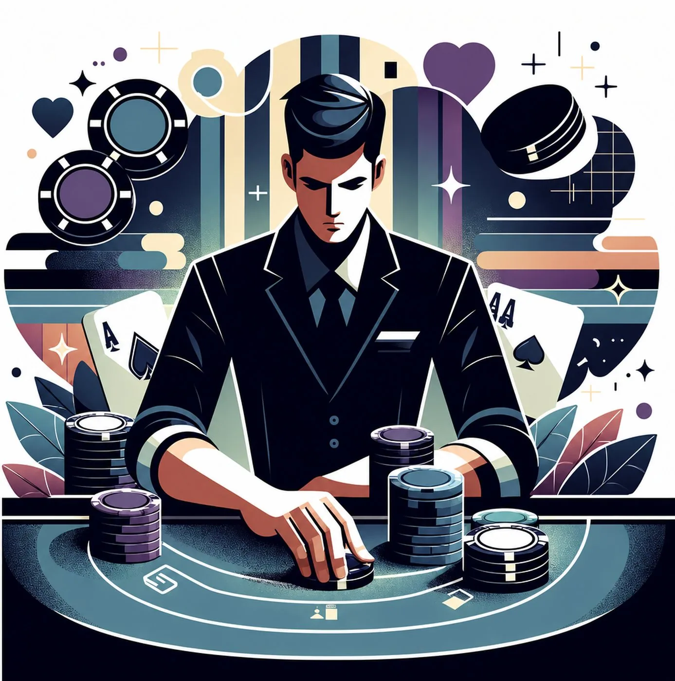 En elegant pokerspelare i kostym som placerar marker på ett spelbord