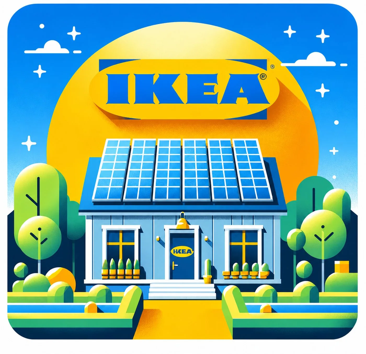 Illustration av hus med solpaneler på taket under en stor sol med Ikea-logotypen