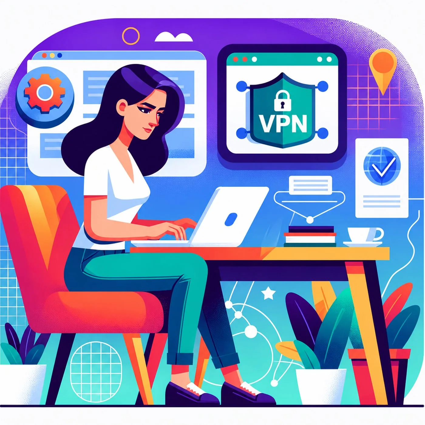 Kvinna som arbetar vid en dator med en digital VPN-sköld i bakgrunden