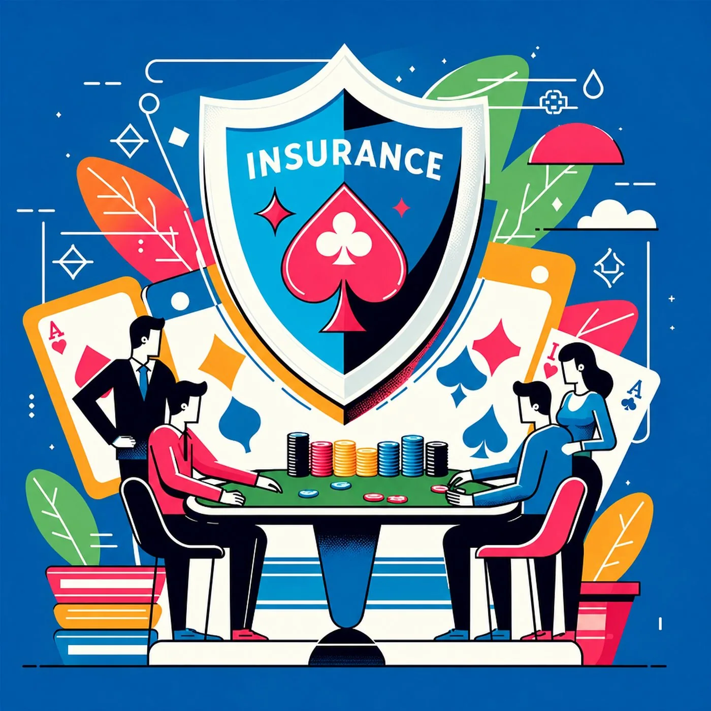 Illustration av människor som spelar poker under en skyddande sköld med texten insurance