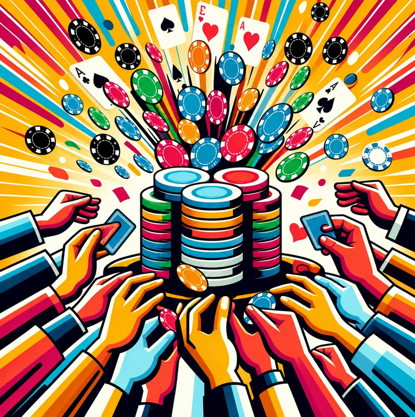 Färgglad illustration av händer som sträcker sig mot staplar av pokermarker