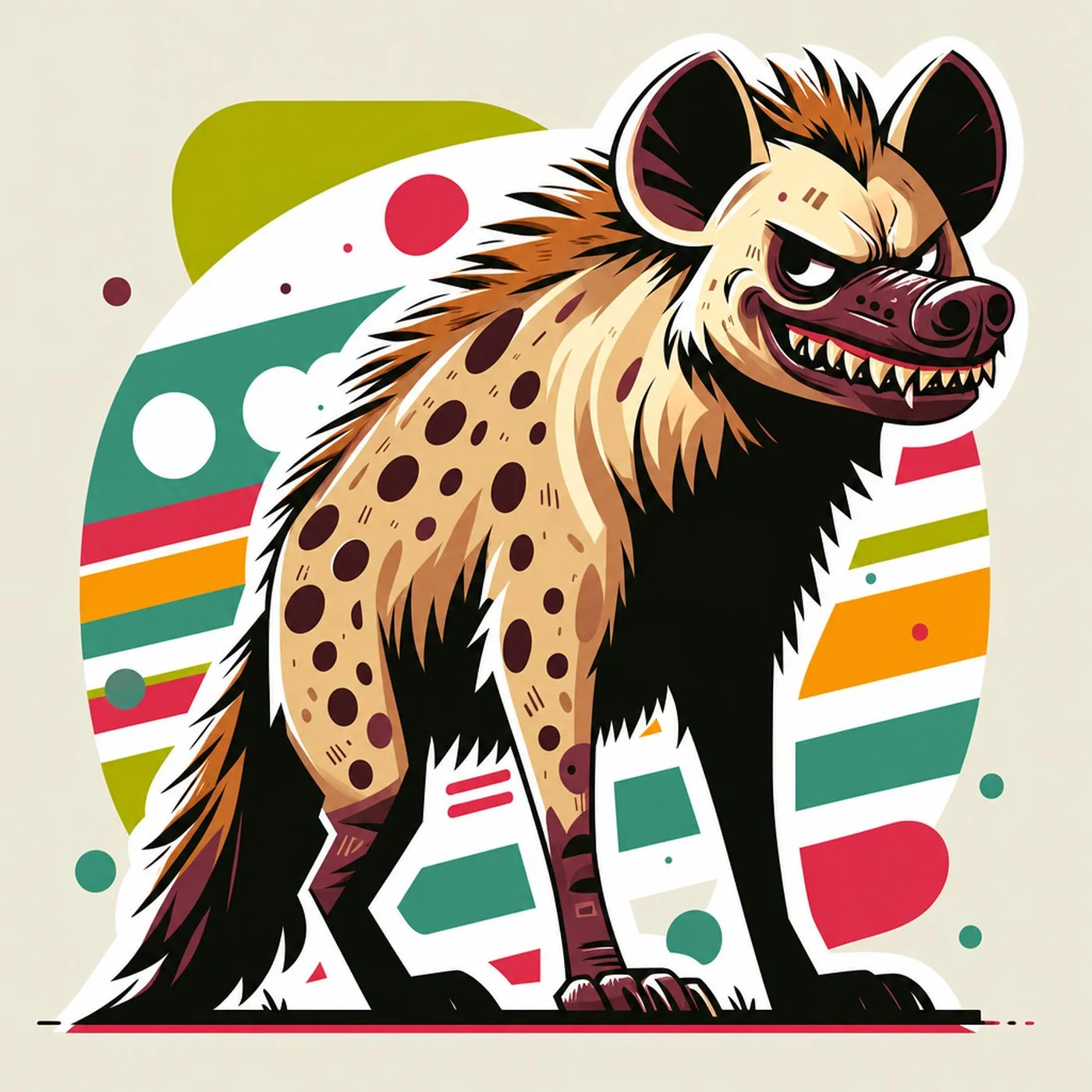 Färgstark illustration av en hyena med ett ilsket ansiktsuttryck