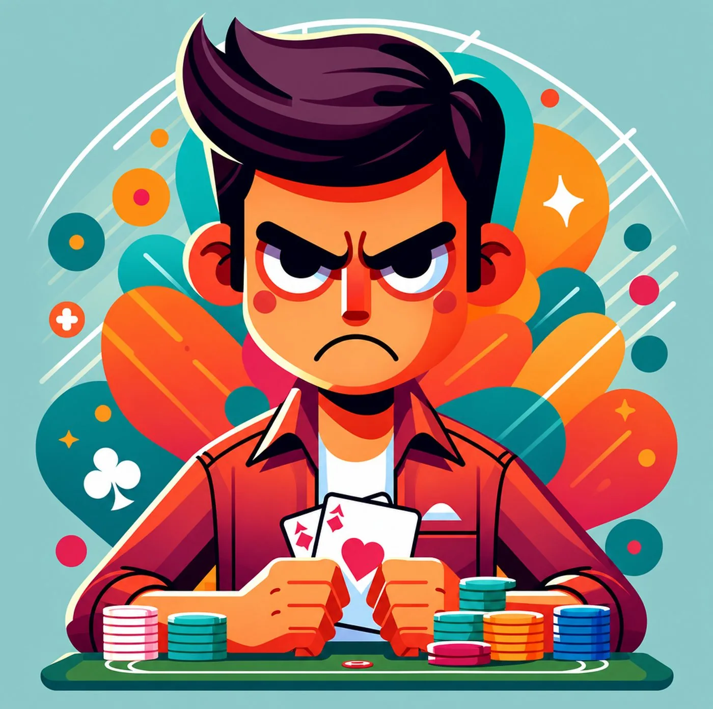 Illustration av en frustrerad pokerspelare som håller två spelkort vid ett bord med marker