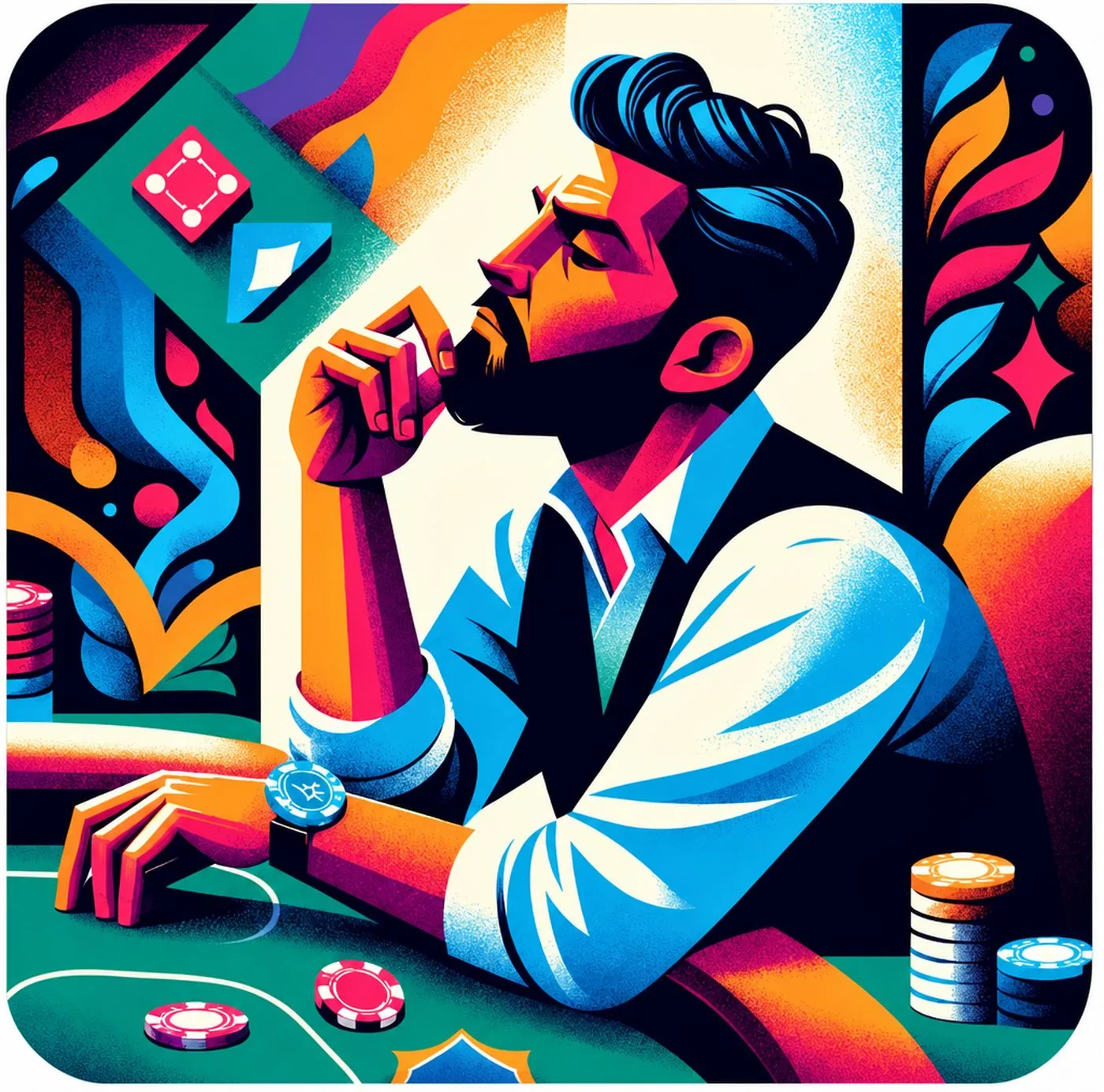 Färgglad illustration av en pokerspelare som sitter djupt försjunken i tankar