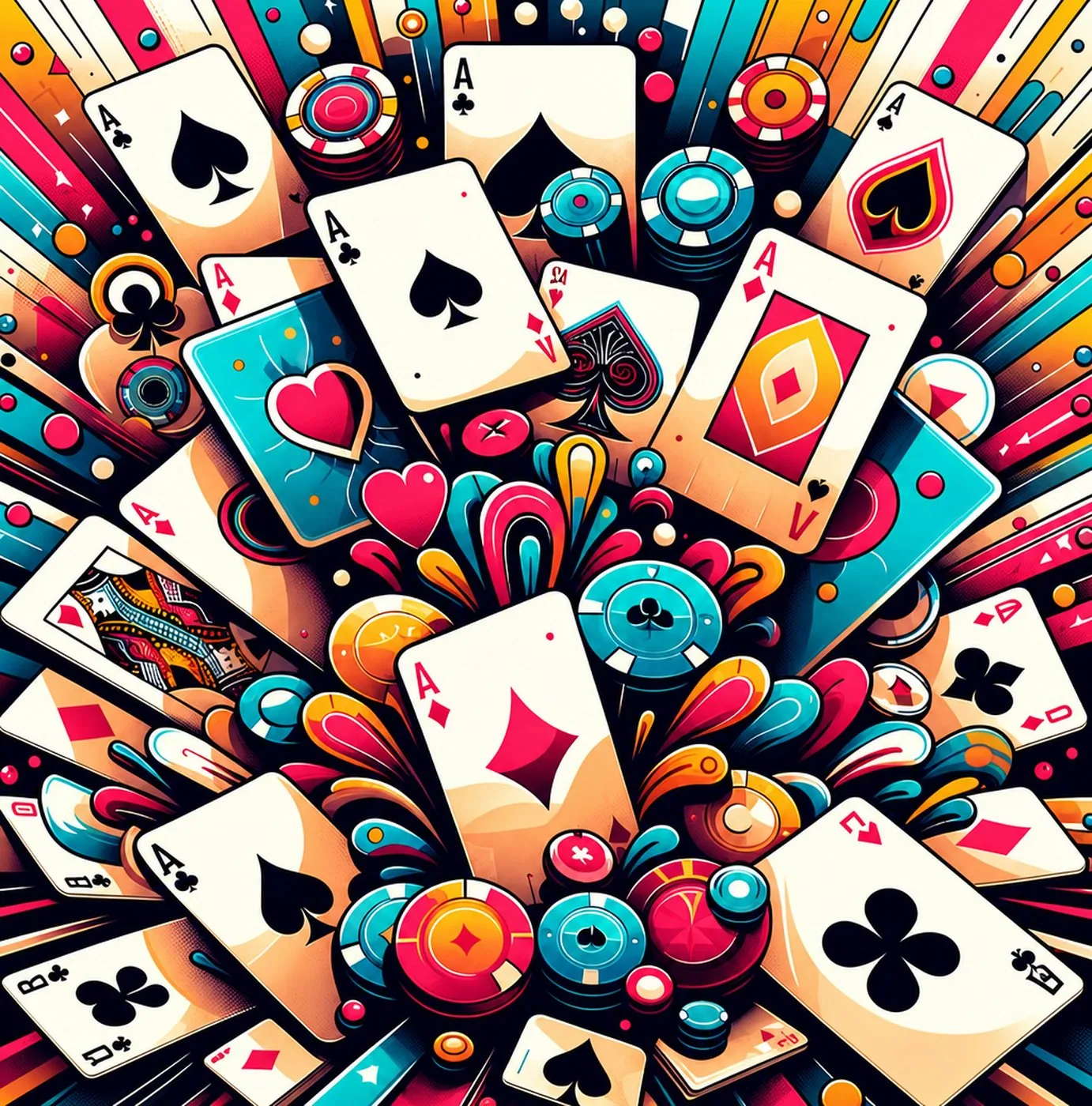 Färgglad illustration av spelkort och pokerchips i en dynamisk explosion