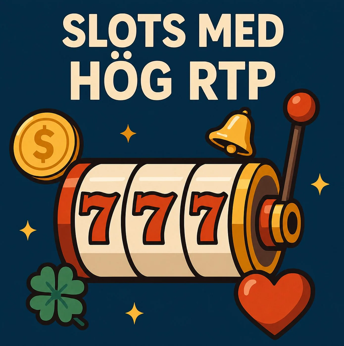 En spelautomat med tre sjuor omgiven av ett guldmynt, en klocka och ett hjärta