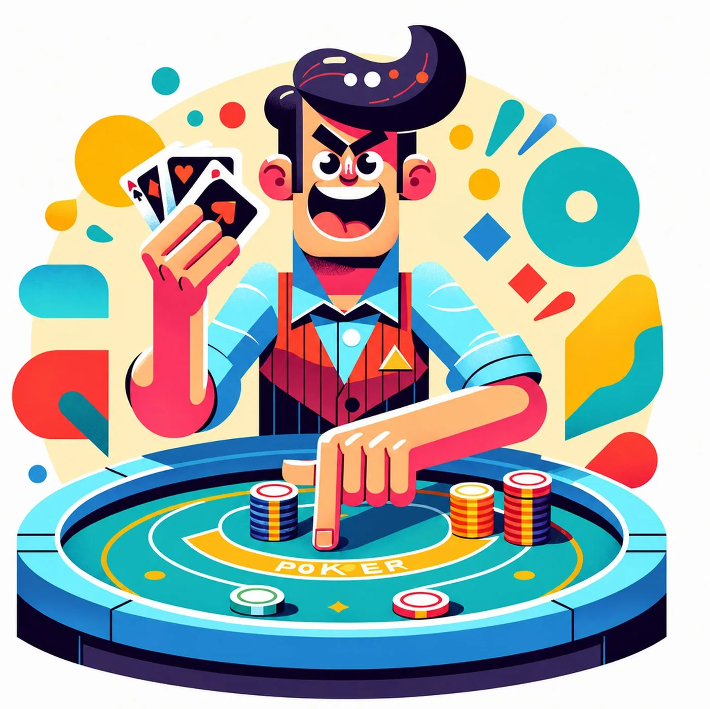 Glad pokerspelare som håller kort och placerar marker på spelbordet