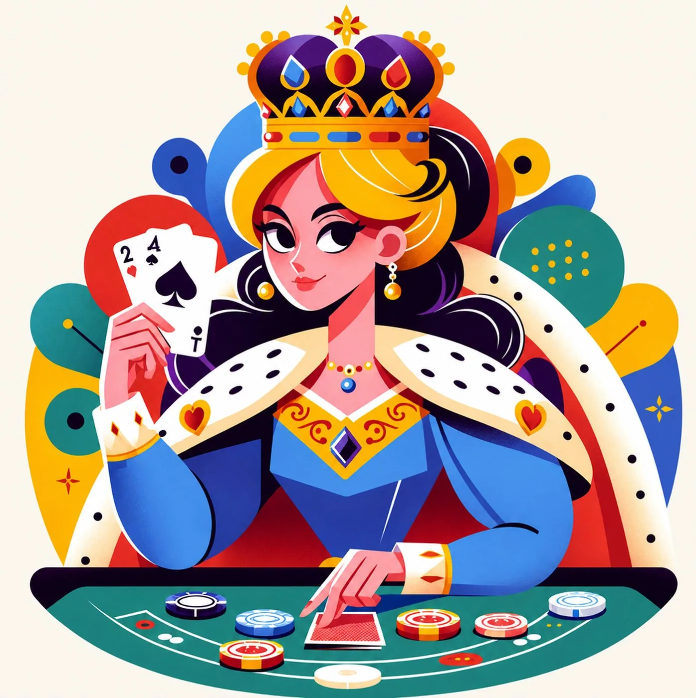 Illustrerad drottning i krona som spelar poker vid ett spelbord