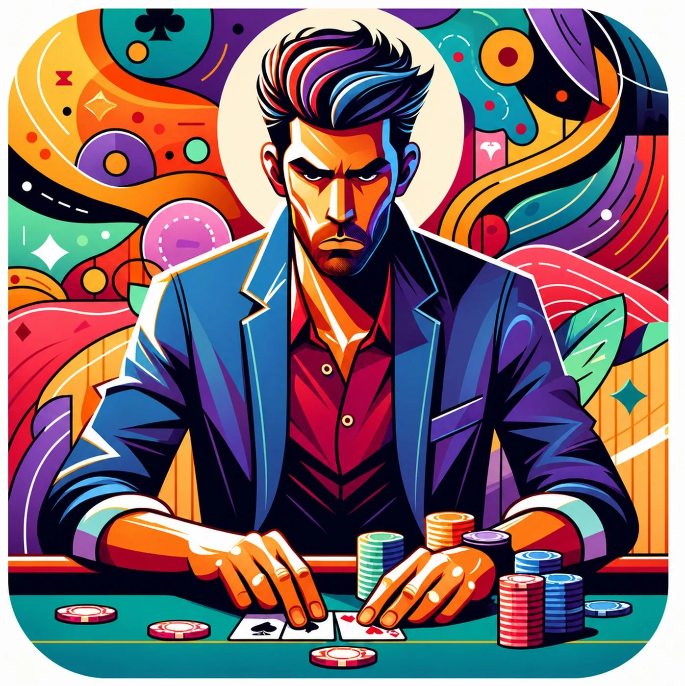 Färgstark illustration av en fokuserad man som spelar poker vid ett bord