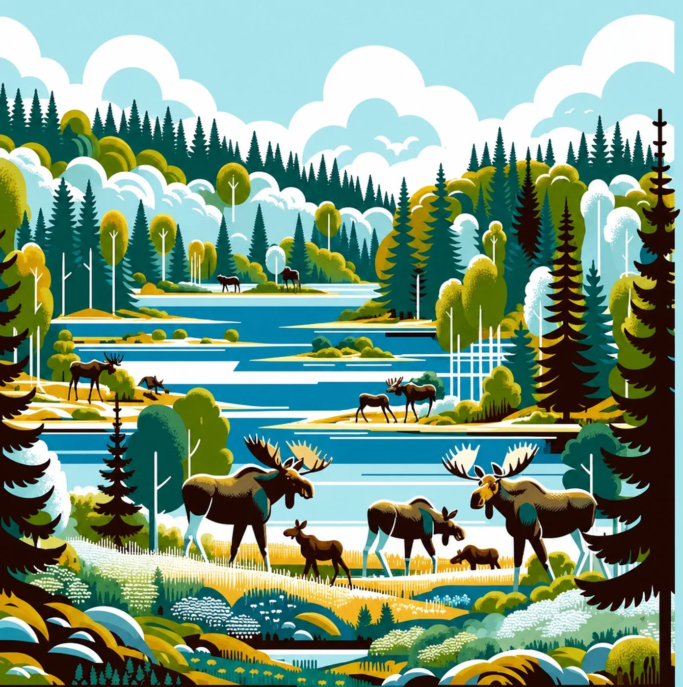 Illustration av älgar i ett böljande svenskt skogslandskap med sjöar