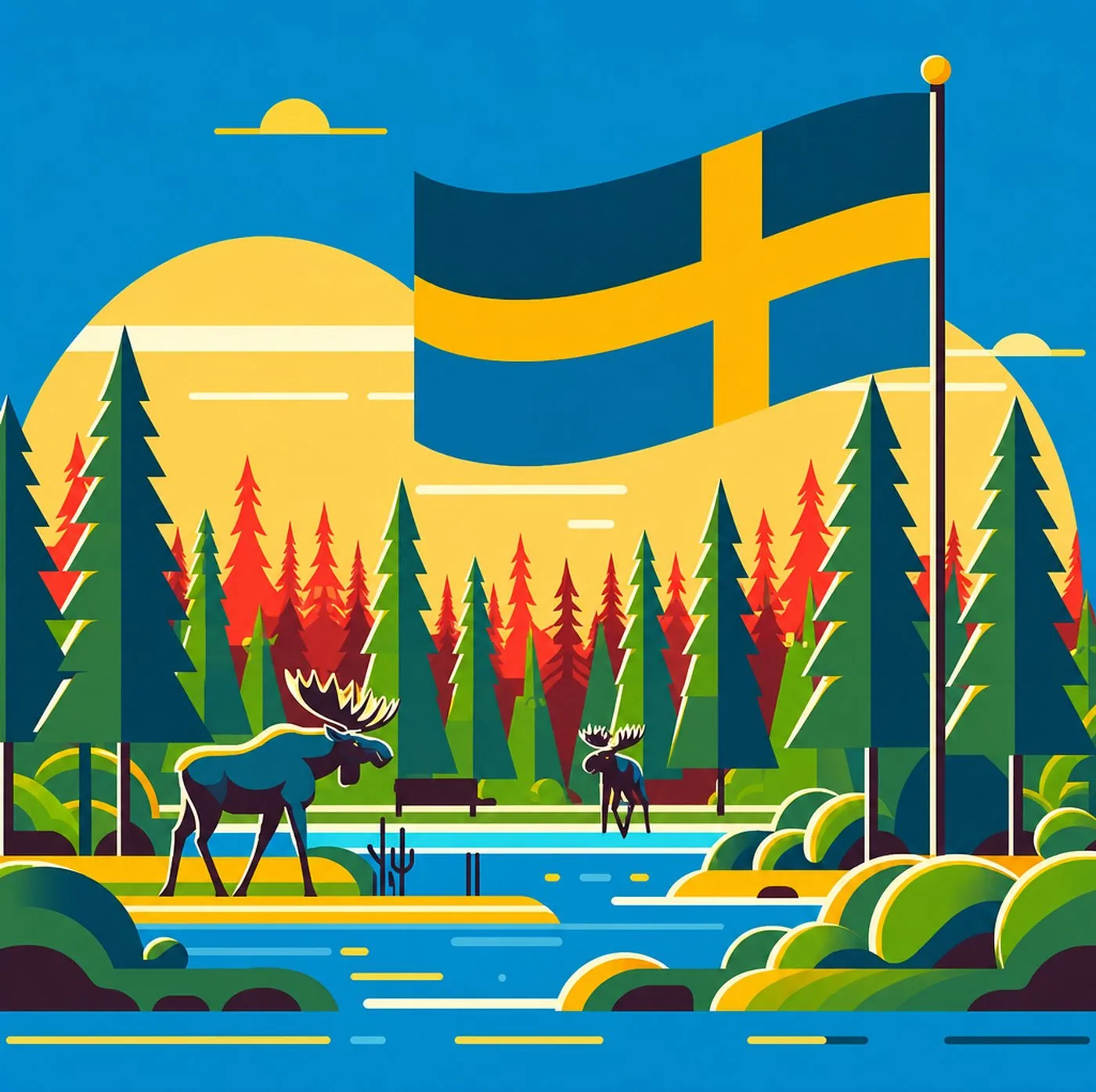 Stiliserat svenskt skogslandskap med två älgar vid en sjö och vajande flagga