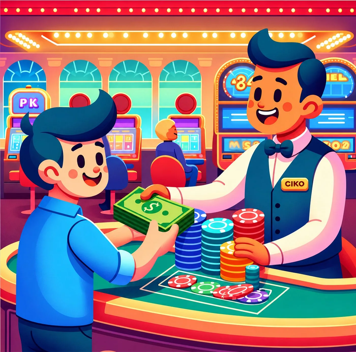 En glad casinospelare som växlar in pengar mot marker hos en croupier