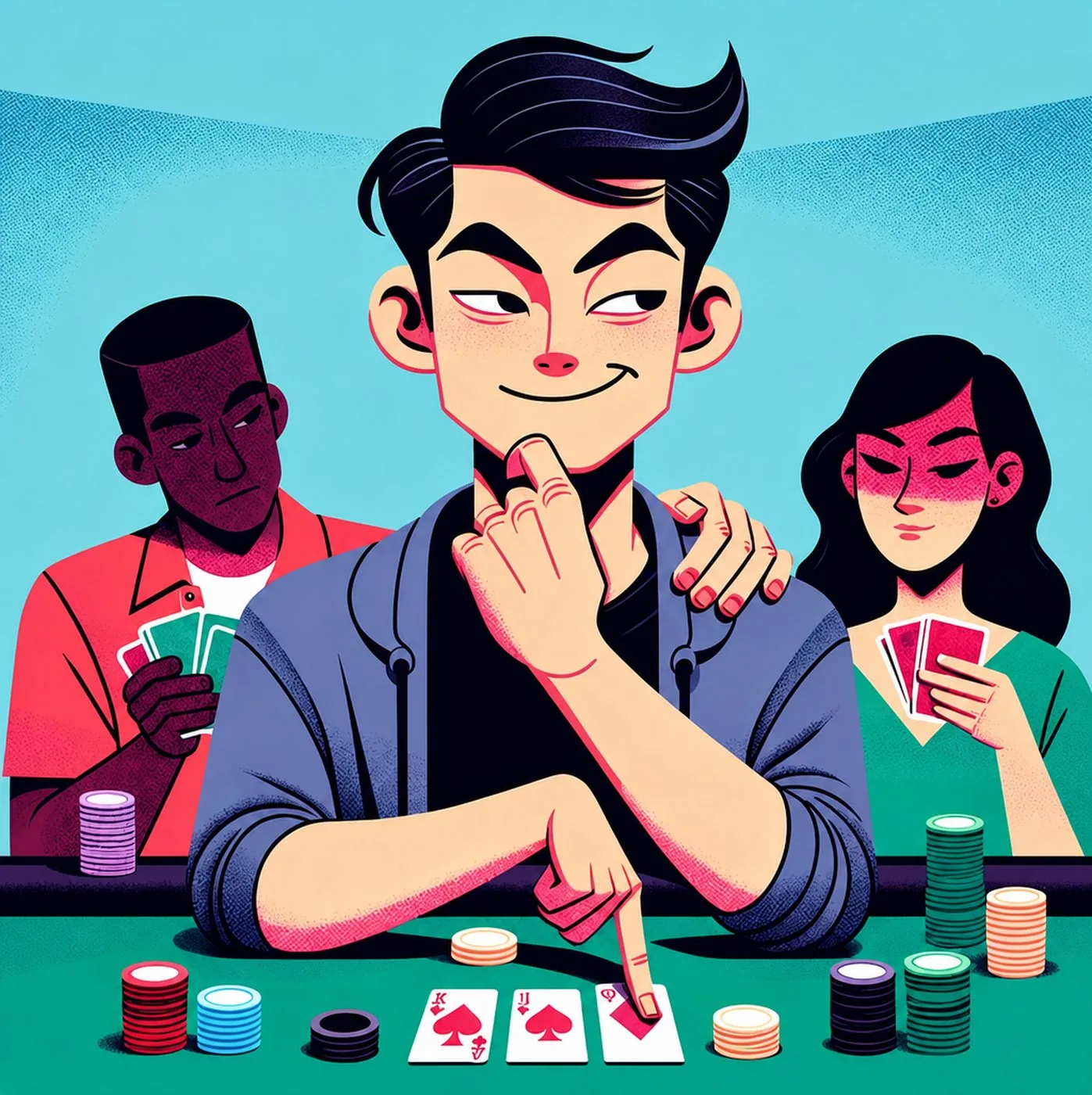 En leende pokerspelare vid ett bord med marker och spelkort framför sig