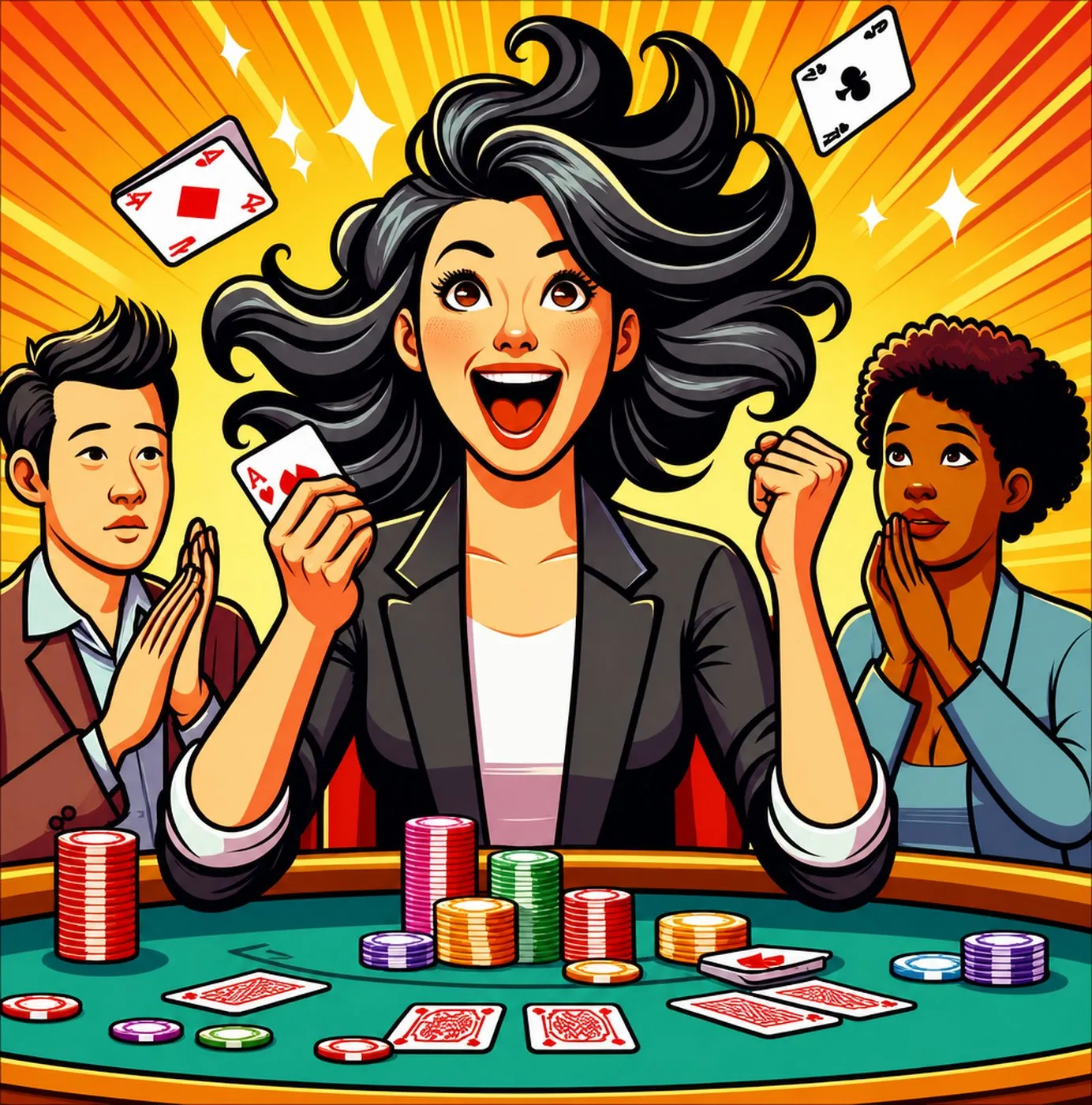 Kvinna jublar vid ett pokerbord med spelmarker och flygande spelkort