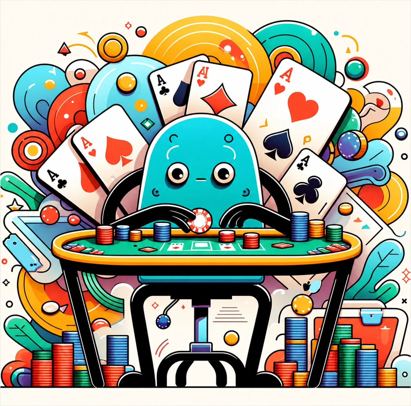 Tecknad figur spelar poker vid ett bord fyllt med spelmarker och spelkort