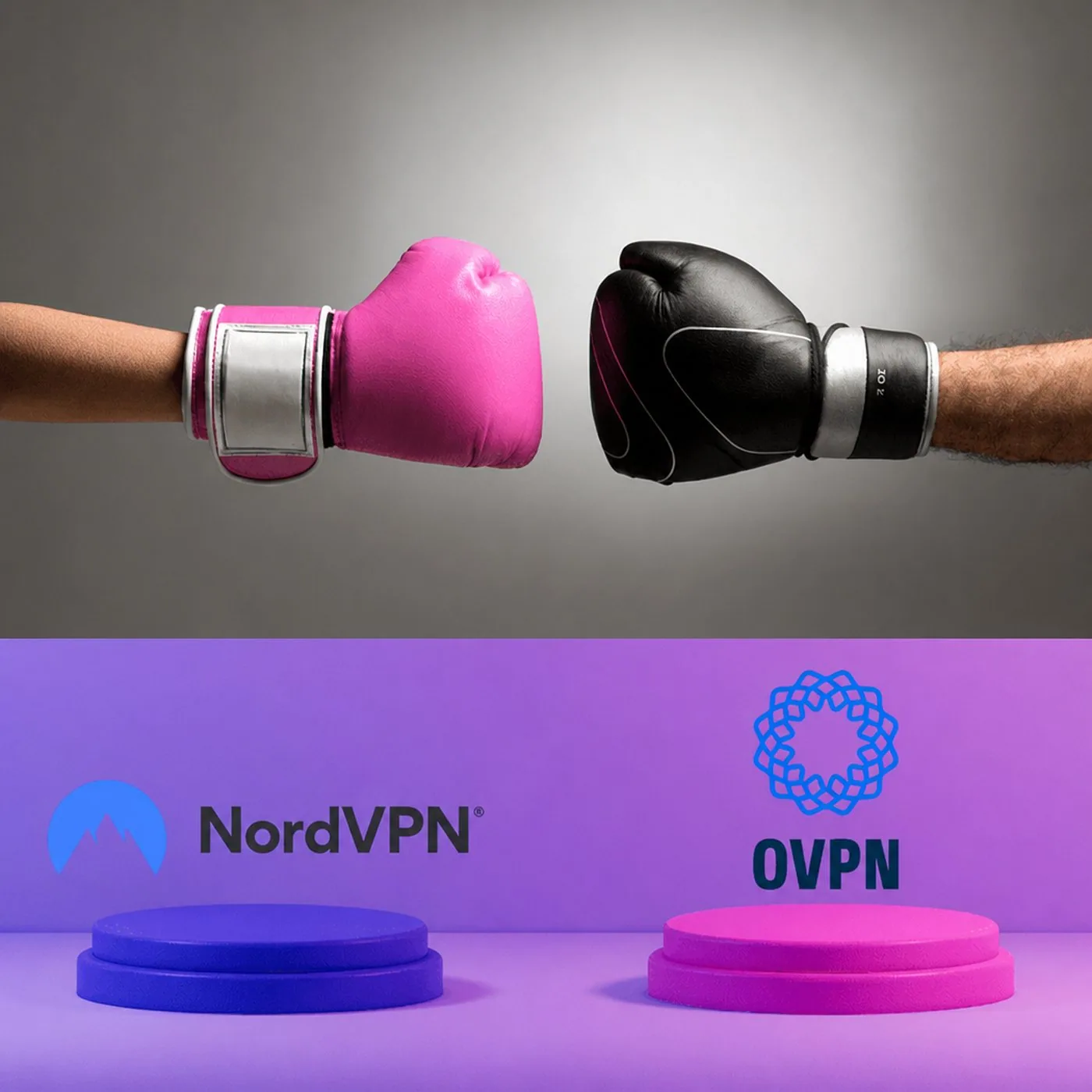 Boxhandskar i rosa och svart ovanför logotyper för NordVPN och OVPN