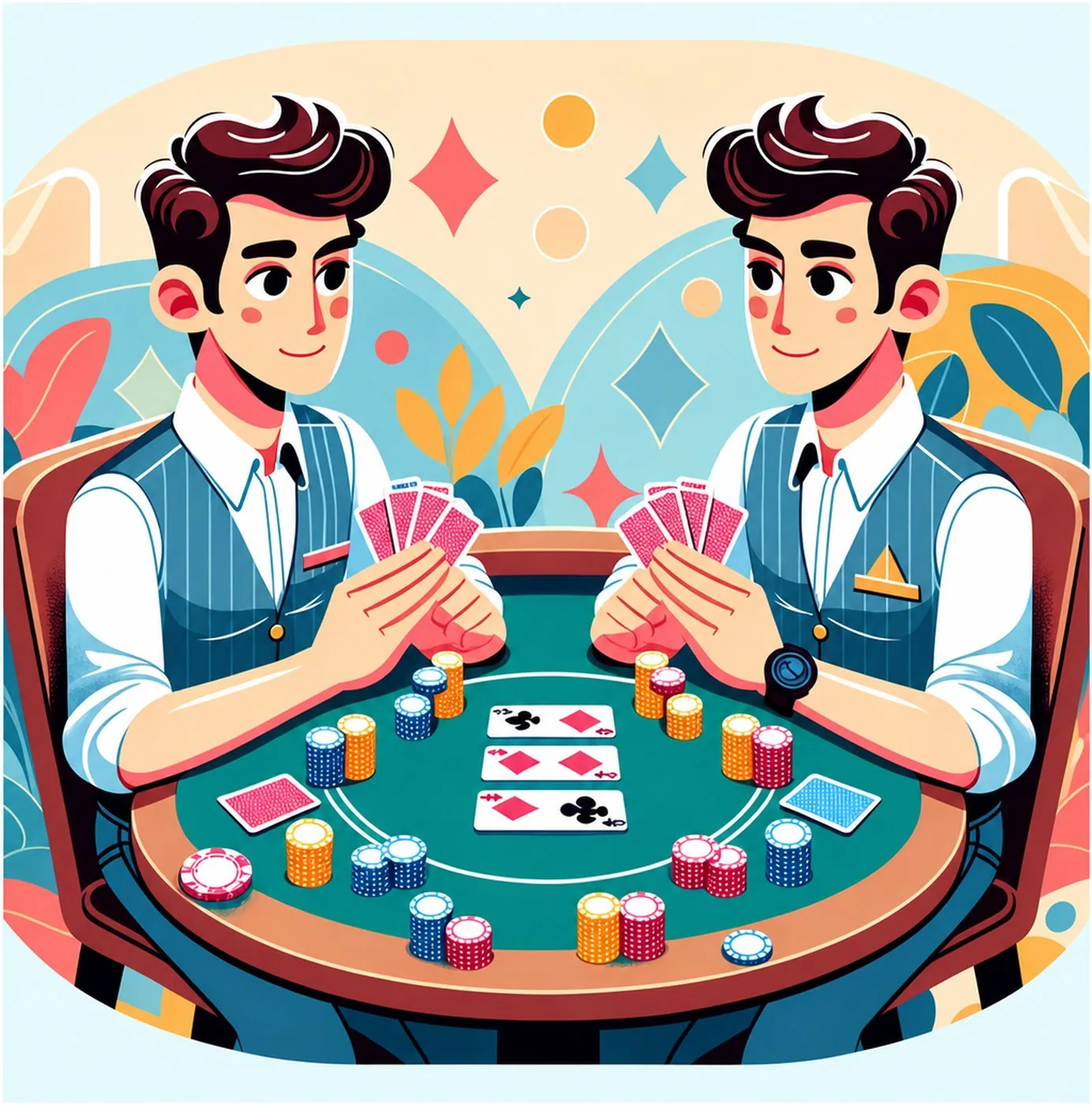 Illustration av två identiska män som spelar poker vid ett spelbord