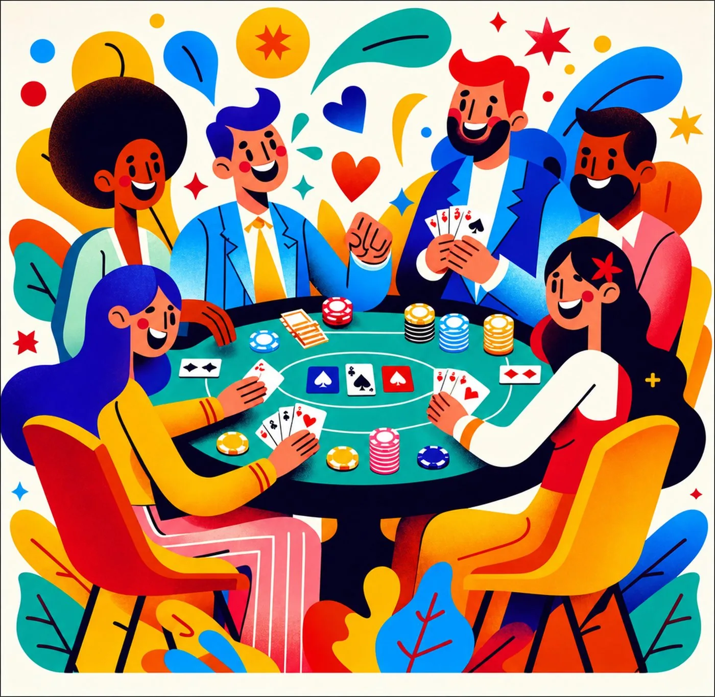 Färgglad illustration av vänner som spelar poker runt ett spelbord