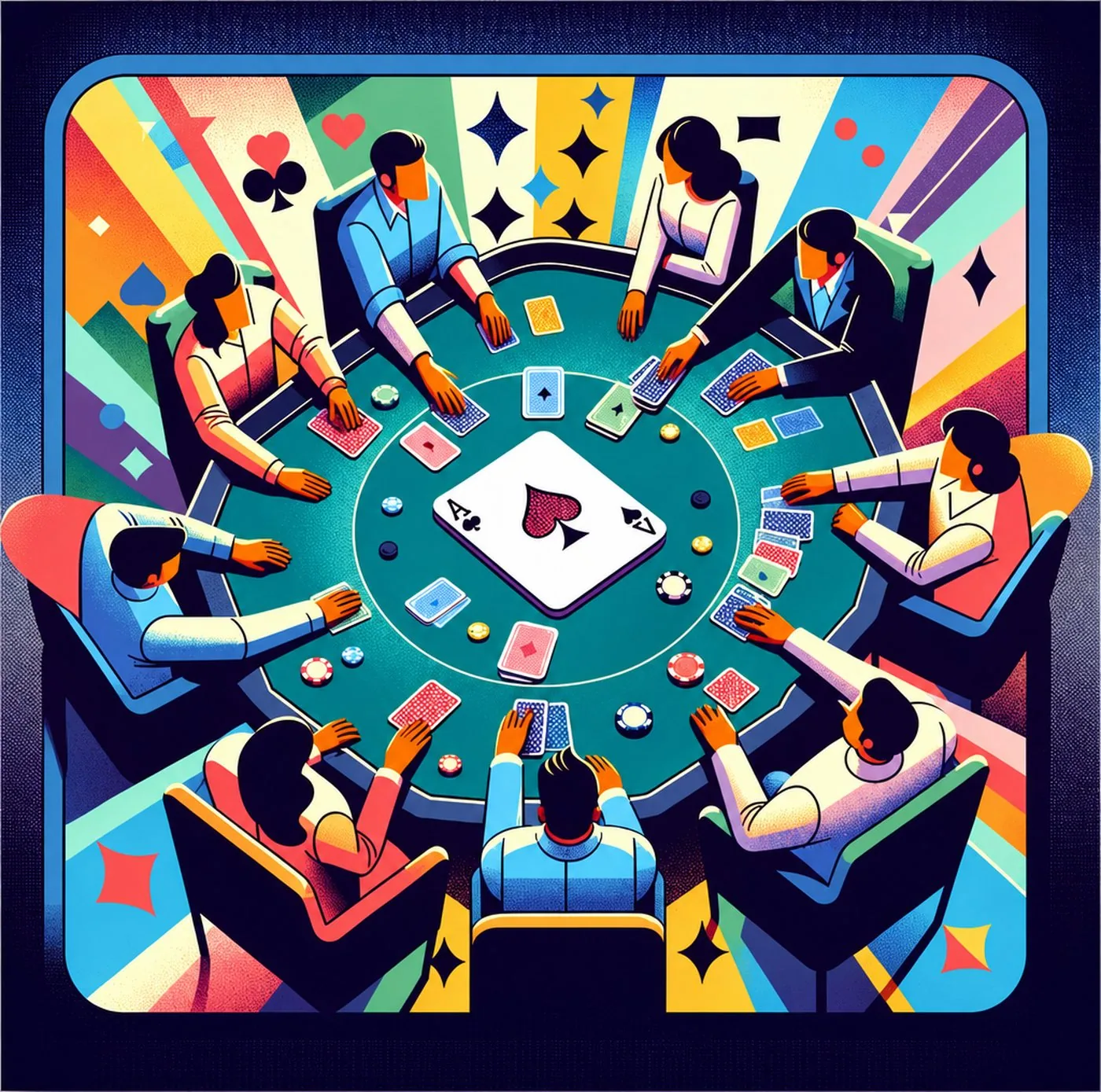 Illustration av människor som spelar poker vid ett runt bord