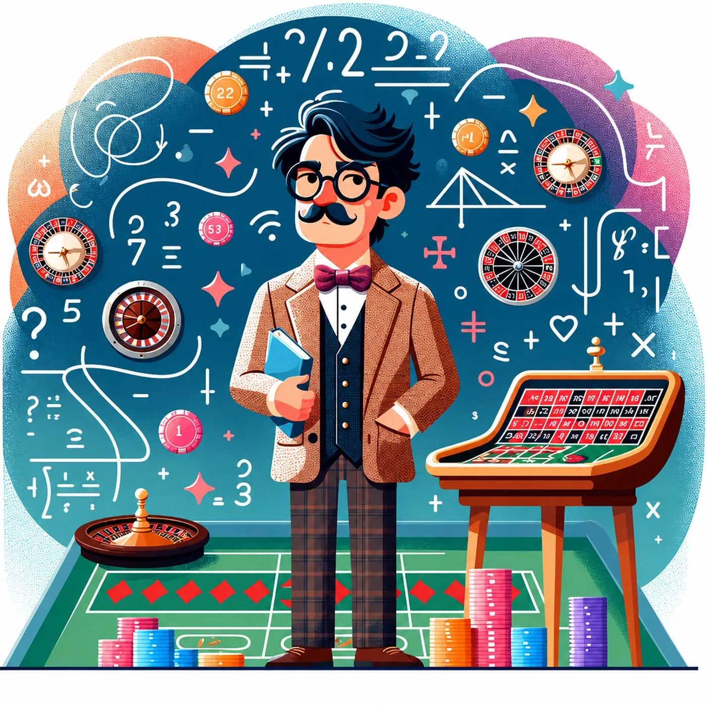 En man i kostym omgiven av matematiska formler och casinoprylar som rouletthjul och marker