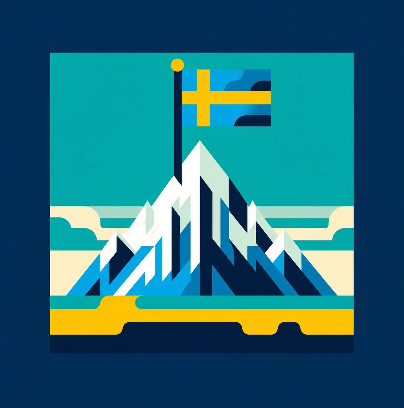 Grafisk illustration av en snöklädd bergstopp med en svensk flagga på toppen