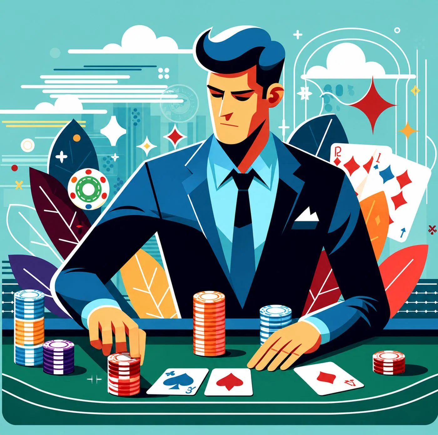 Stiliserad illustration av man i kostym som spelar poker vid ett bord
