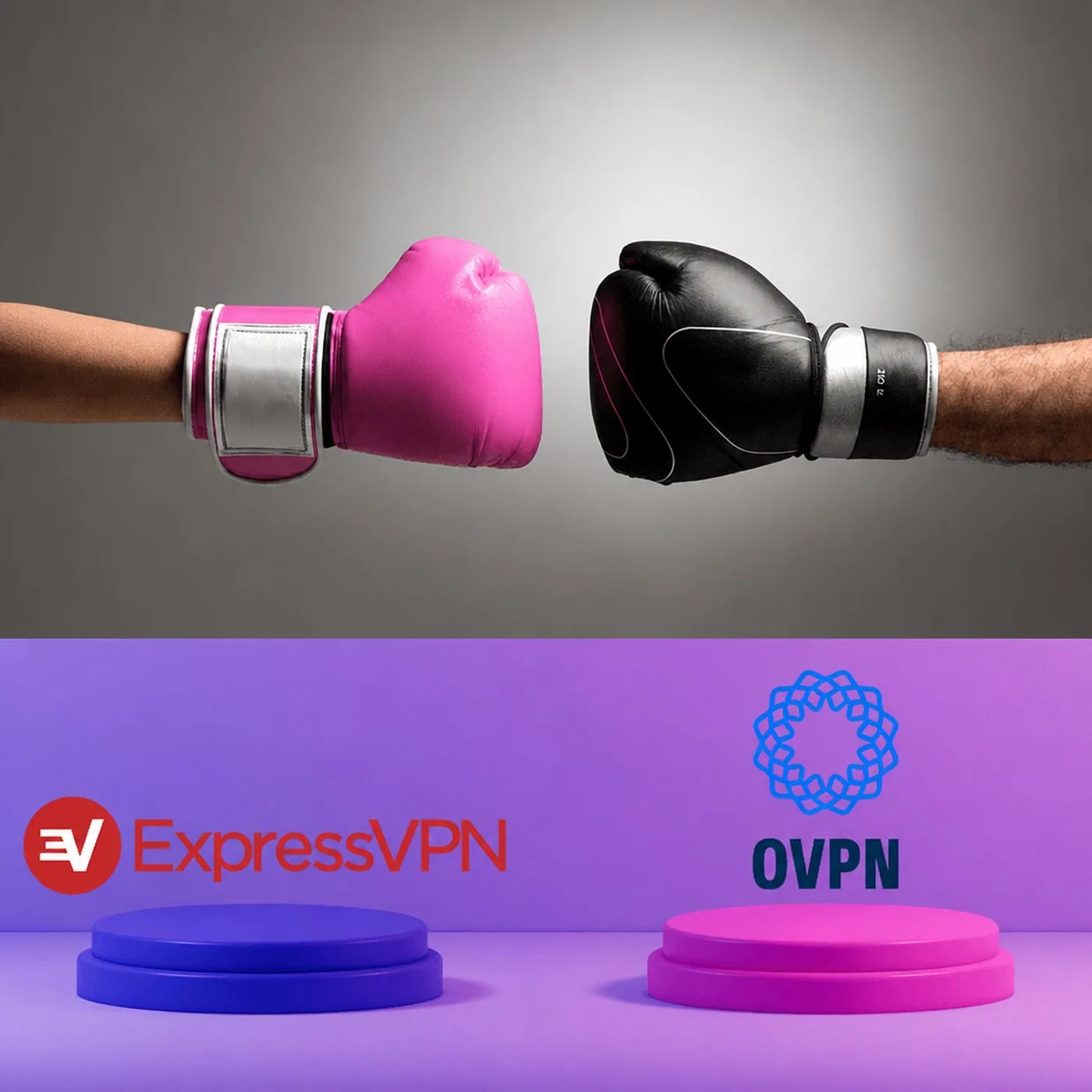 Rosa och svart boxningshandske som möts ovanför logotyper för ExpressVPN och OVPN
