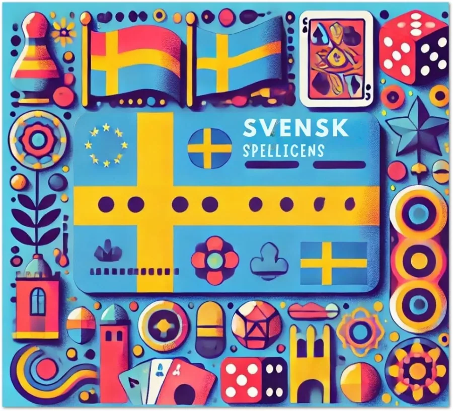 Grafisk illustration med svenska flaggan, spelkort och tärningar i en stiliserad collageform